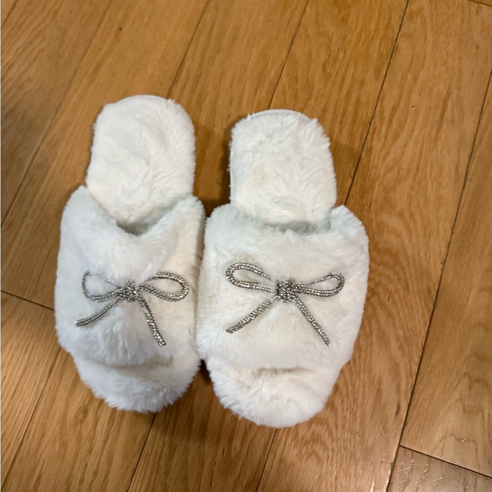 White Faux Fur Bow Slippers perfect for brides :)